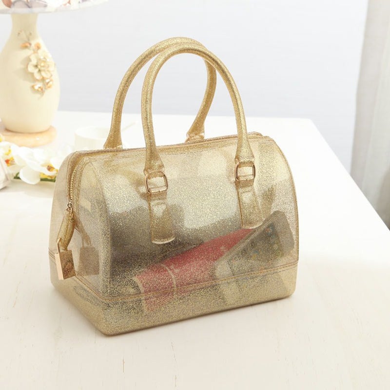 MIFORINES Ladies Summer Jelly Pillow-shaped Top Handle Handbag Candy Color Transparent Crystal Purse (Glitter Gold) - Image 3